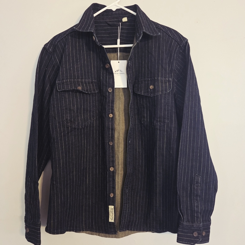 Men's Denim Pinstripe Shirt Jacket Vintage Style Wild Soul Company Size XL Slim